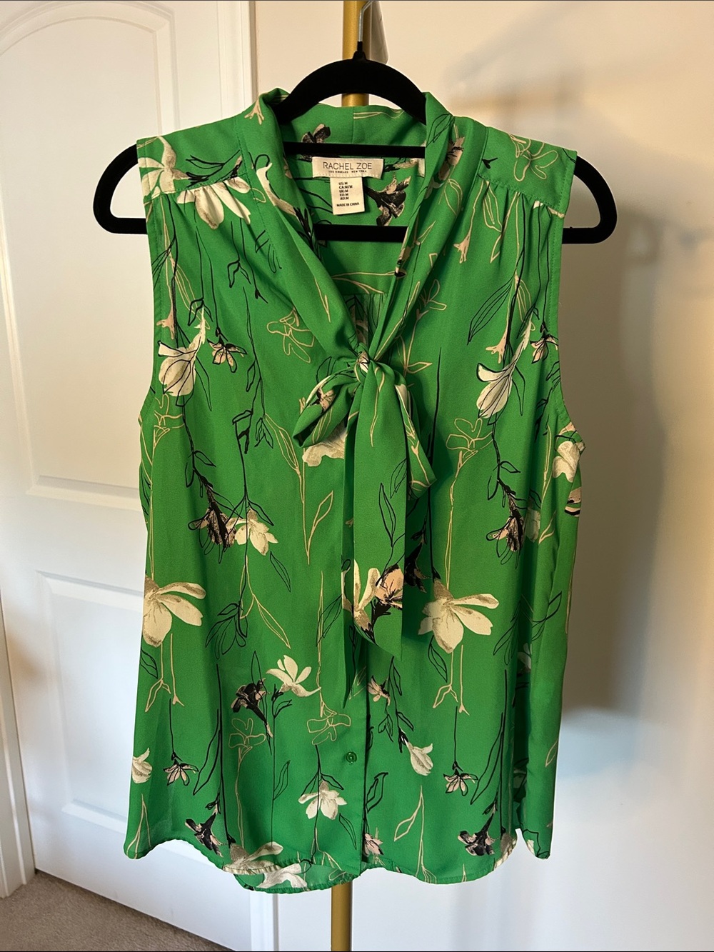 Rachel Zoe Bright Green Floral Tie-Neck Sleeveless Top